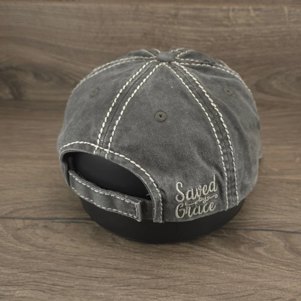 Saved By Grace Hat KBETHOS Cap Womens Strap Back Gray Distressed Faith Religious